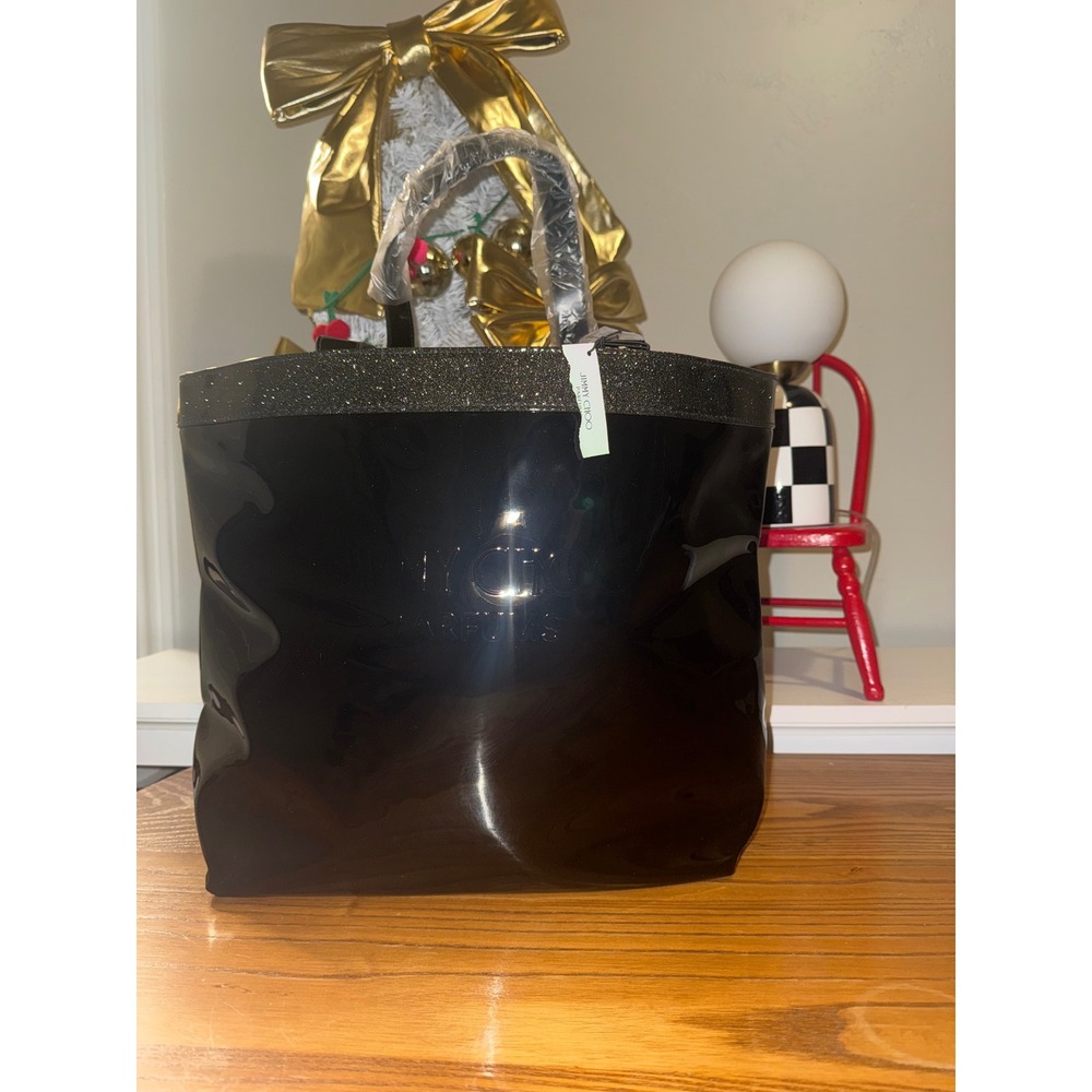 Jimmy Choo Parfums Black Patent Glitter Top Tote Bag Paris New